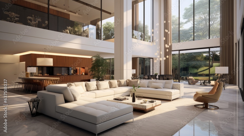Contemporary style interior with high ceilings, living and dining area . Contemporary style interior with high ceilings, living and dining area .