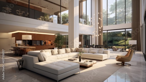 Contemporary style interior with high ceilings, living and dining area .