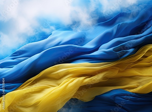 Ukrainian Flag Waving in the Wind on Flagpole, on sky background. Created with Generative AI technology.