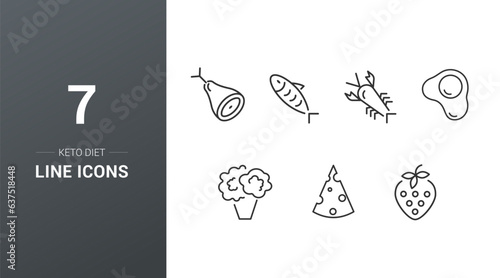 Keto diet concept line icon set. Types of ketogenic diet idea thin line illustration. Healthy lifestyle. Losing weight nutrition. Vegetables, cheese, eggs, berries, meat, fish, seafood.