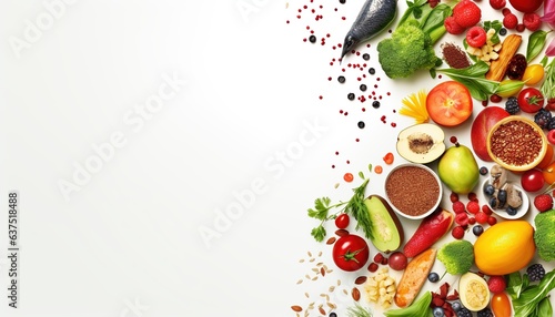 Fruits and vegetables background. White background. Copy space. © Mladen