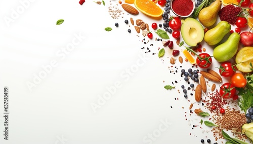 Fruits and vegetables white frame background. Copy space.	
