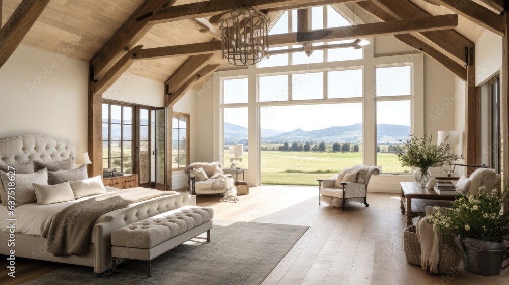 Luxurious bedroom with ensuite, featuring wood beams and barn door, in new beautiful home with view. Luxurious bedroom with ensuite, featuring wood beams and barn door, in new beautiful home with view.