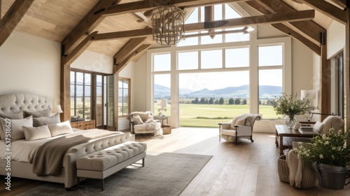 Luxurious bedroom with ensuite, featuring wood beams and barn door, in new beautiful home with view. © Vusal