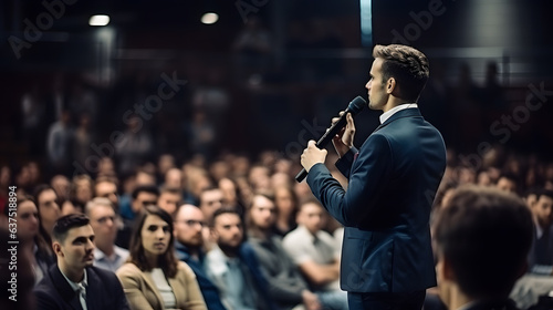 Une personne qui prend la parole en public à une conférence.  photo