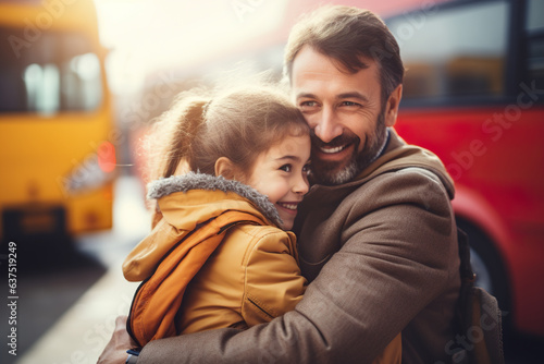 Happy father and daughter on school bus background. 