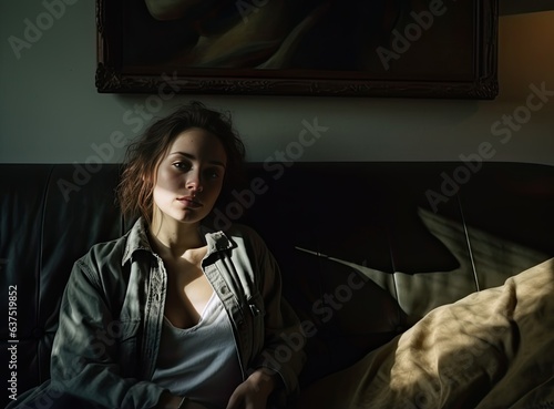 Lonely young woman sitting on couch in living room, looking away, touching chin, thinking over bad news, problems, failure, going through emotional burnout, Created with Generative AI technology. © lililia