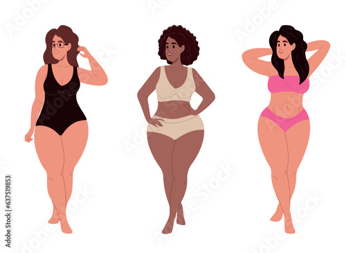 Set of happy big chubby people with big curvy figures. Positive body of plump women. Vector flat illustration isolated on white background.