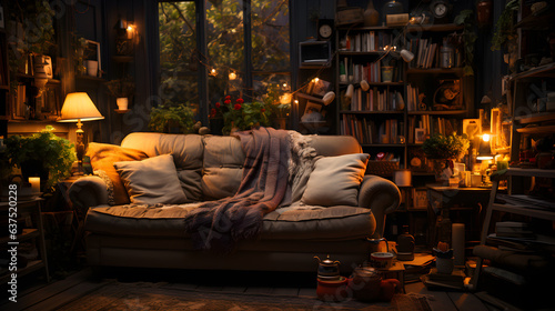 a small cozy lounge with sofa placed and a small library