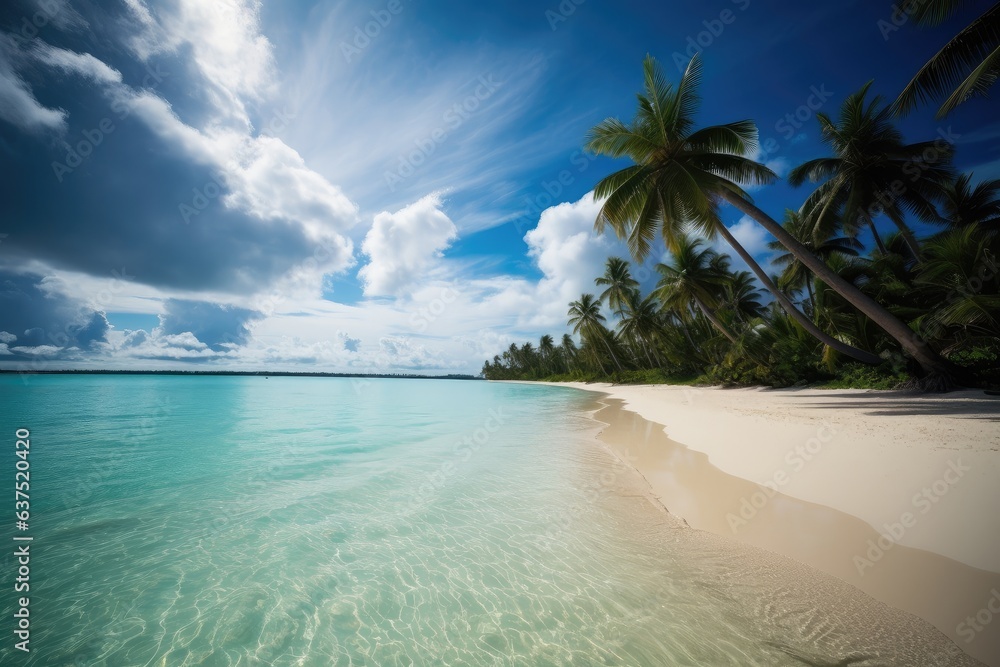 Serene landscape: golden beach, calm sea and palm trees against the blue sky., generative IA