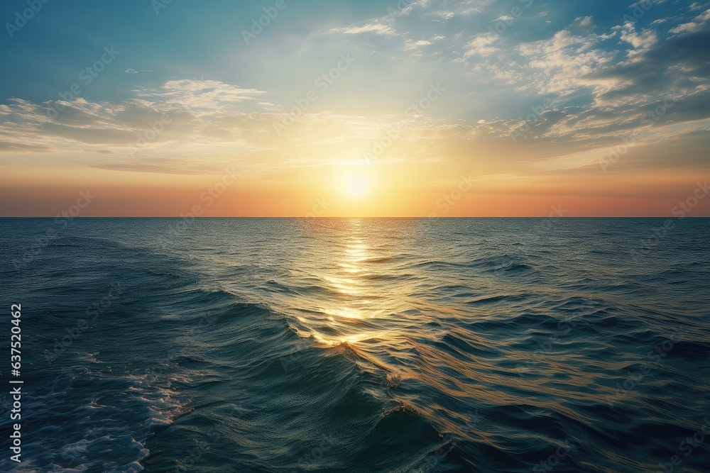 Radiant sun over calm sea, blue sky., generative IA