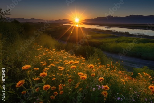 Radiant sun over flowery field  mountains and serene river.  generative IA