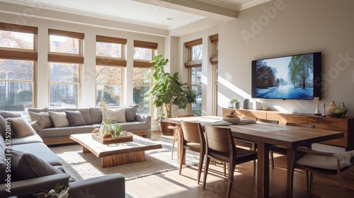 Living room view with large window, dining space with wooden table, and cozy area with TV and corner couch