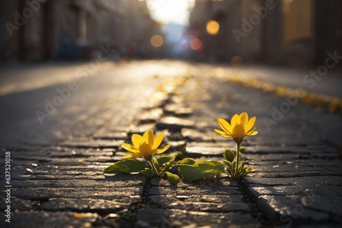 Yellow wildflower grows out of a cracked concrete pavement in a quiet industrial district