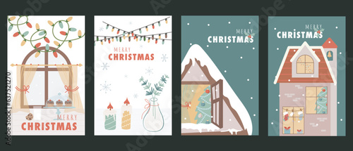 Christmas holiday cover brochure set in trendy flat design. Poster templates with cozy window with garland, candles and decor, homes with festive fir tree with toys and gifts. Vector illustration.