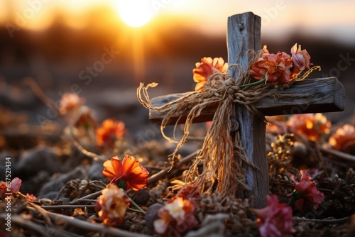 Wooden cross in the middle of flowers at sunset., generative IA