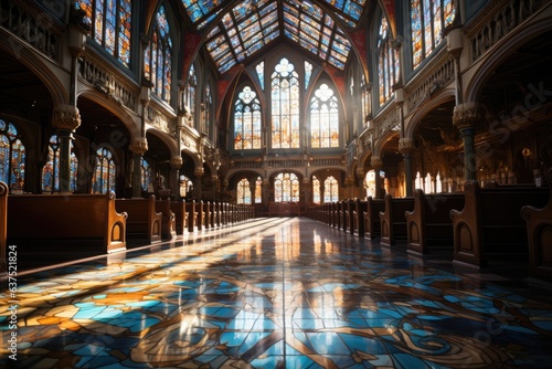 Sacred scene: pulpit, stained glass, angels and vibrant congregation in worship., generative IA