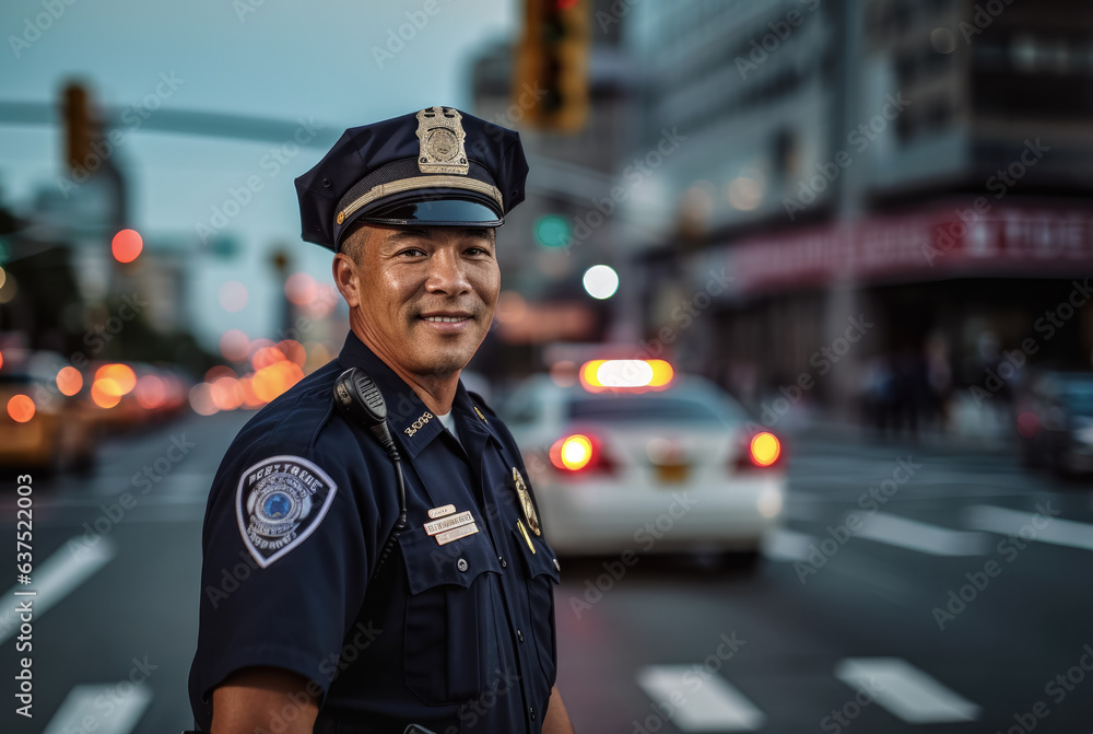 Man working as police officer or cop, closeup portrait, blurred evening city background. Banner with copy space. Generative AI