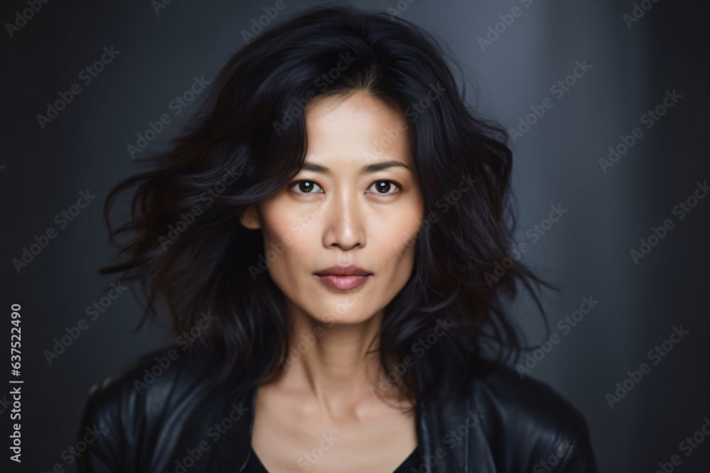 a woman with a black jacket and a black background a woman with a black jacket and a black background