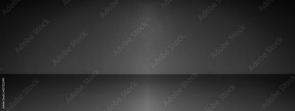 Wall and floor background for product display with illuminated image center. Gray abstract banner