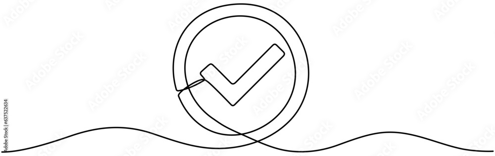 Checkmark in circle continuous one line drawn. Approved linear symbol. Vector illustration isolated on white. Checkmark in circle continuous one line drawn. Approved linear symbol. Vector illustration isolated on white.