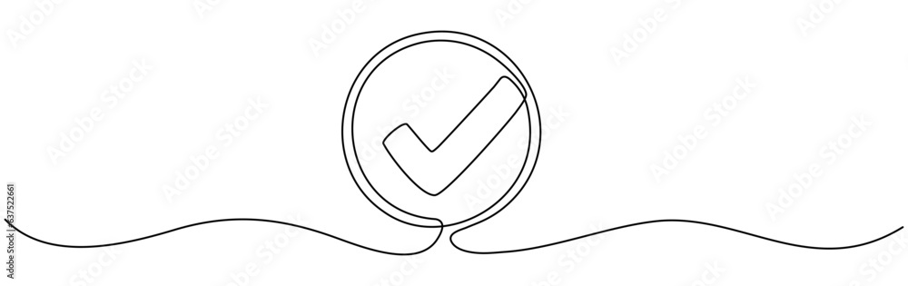 Checkmark in circle continuous one line drawn. Approved linear symbol. Vector illustration isolated on white. Checkmark in circle continuous one line drawn. Approved linear symbol. Vector illustration isolated on white.