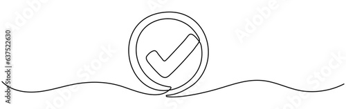 Checkmark in circle continuous one line drawn. Approved linear symbol. Vector illustration isolated on white.
