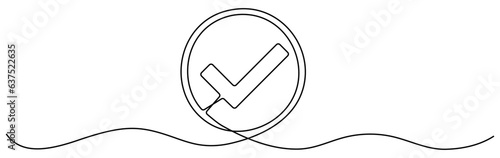 Checkmark in circle continuous one line drawn. Approved linear symbol. Vector illustration isolated on white.