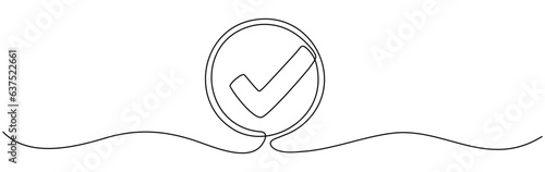 Checkmark in circle continuous one line drawn. Approved linear symbol. Vector illustration isolated on white.