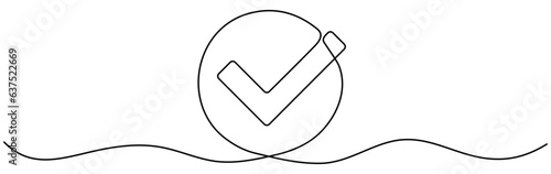 Checkmark in circle continuous one line drawn. Approved linear symbol. Vector illustration isolated on white.
