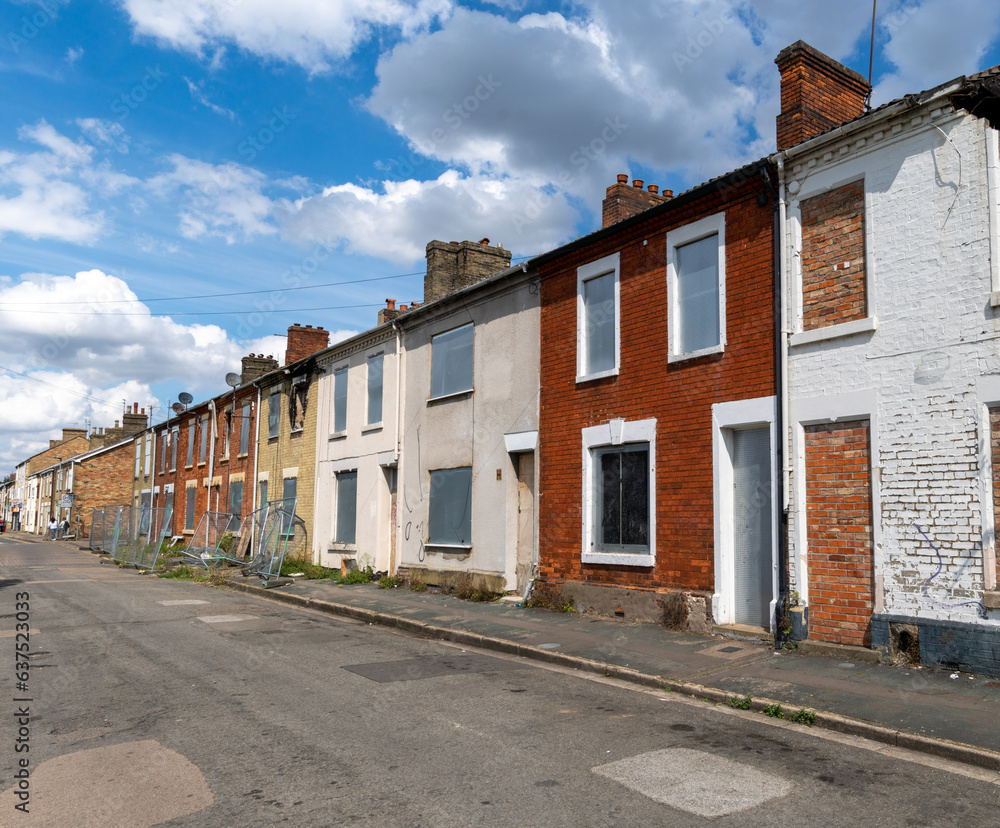 Derelict terraced houses in the North of England awaiting demolition