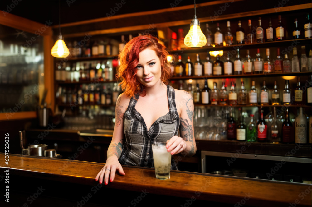 Young woman working as a bartender, red ginger hair, some tattoos, looks a bit cheeky. Blurred alcoholic beverages background. Generative AI