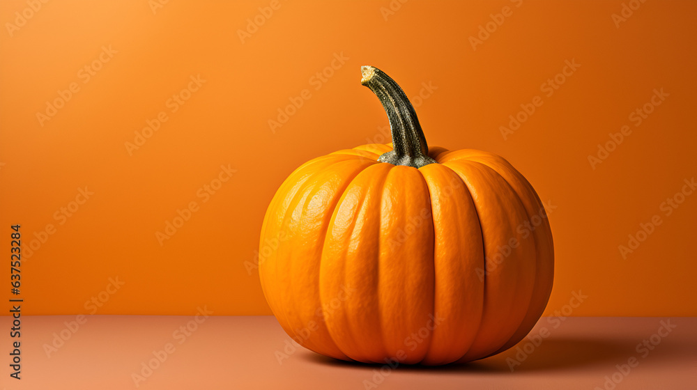 One large pumpkin sitting on a wooden table with an orange background One large pumpkin sitting on a wooden table with an orange background