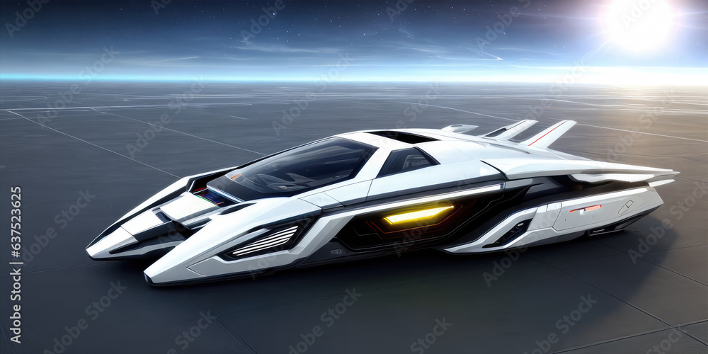 Futuristic white car in motion with shining sunlight on top right corner Futuristic white car in motion with shining sunlight on top right corner