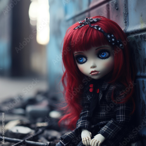 Unusual toy doll with gorgeous vivid red ginger hair that fell into hardship, outcast and homeless, alone in the city streets, sad and neglected but keeping strong and enduring - generative AI photo