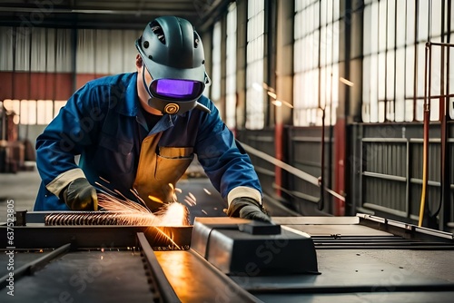 Metal worker welding steel in factory with protective workwear and equipment. Generative AI