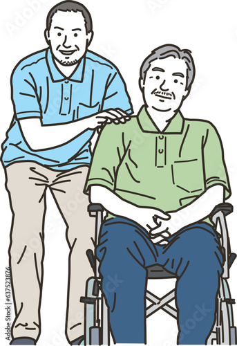 男性介護士と車椅子に乗るシニア男性 