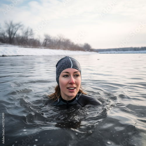 Young woman swimming in a cold frozen lake or river in winter. Concept of cold water swimming. Shallow field of view. © henjon