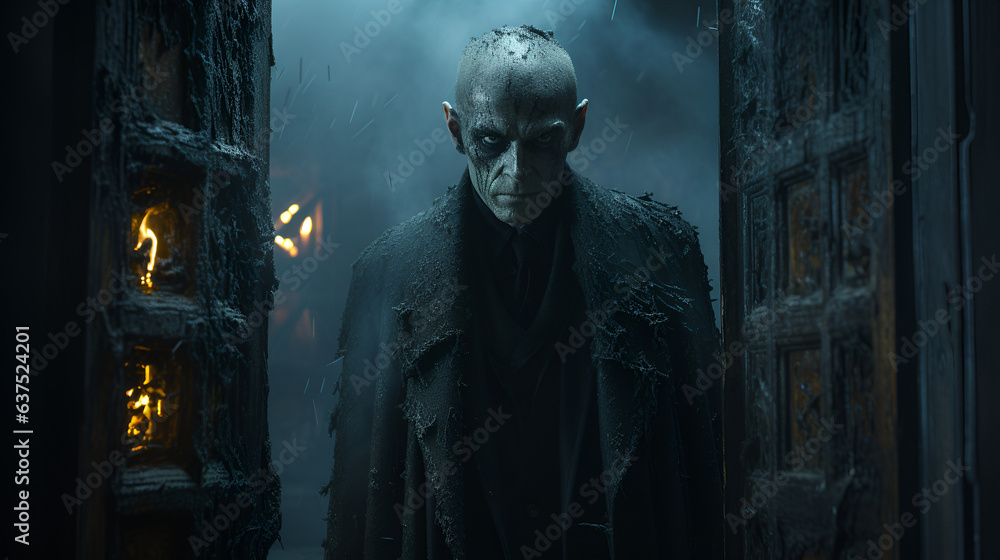 A figure with pale pointed ears opening a doorway into a dimly lit misty room A figure with pale pointed ears opening a doorway into a dimly lit misty room