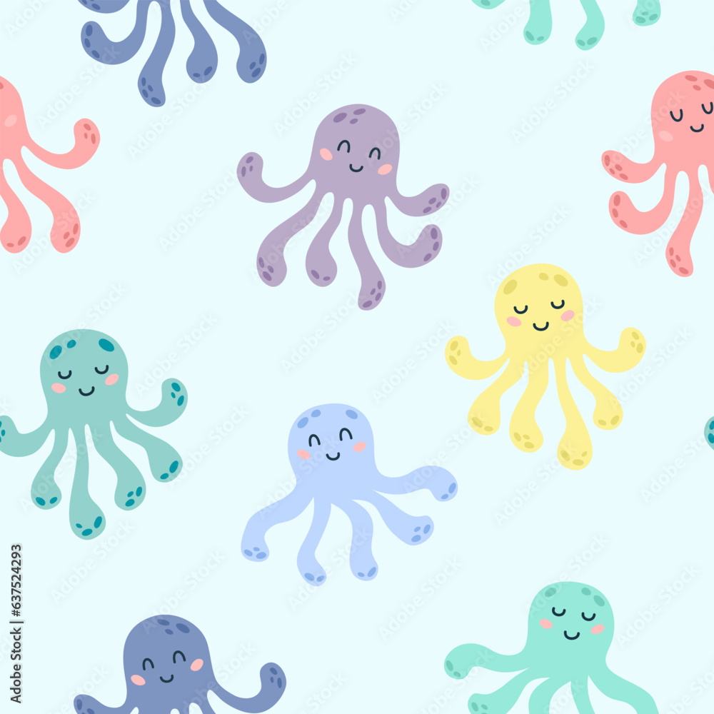 Seamless pattern with cute colored cartoon octopus on a blue background. Kids sea animals design for print, textile. Vector illustration