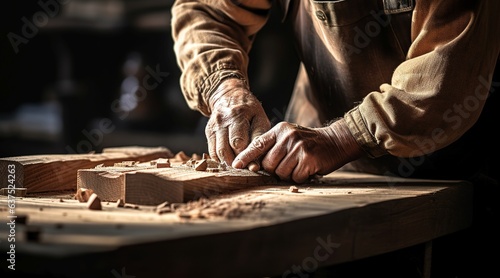 Carpenter works with wood in his workshop