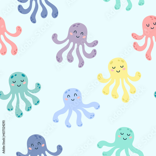 Seamless pattern with cute colored cartoon octopus on a blue background. Kids sea animals design for print  textile. Vector illustration