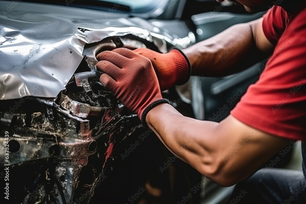 Auto body repairman fixes a car damaged in an accident or collision