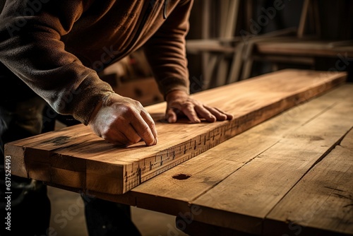 Carpenter works with wood in his workshop