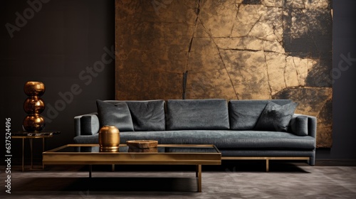 contemporary interior design with wall texture, sofa, and gold side table.