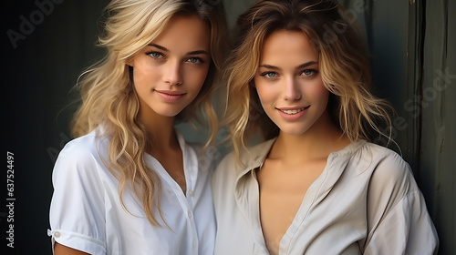  smiling brunette and blonde models in summer, posing near gray wall
