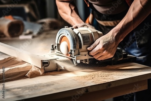 Carpenter cuts a wooden board with an electric saw in his workshop