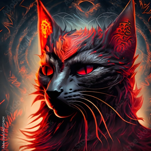 cat on red background. close up of mystic cat, like a phoenix, red and black colors. Vector, fire, illustration, cat, black, red, art, animal.