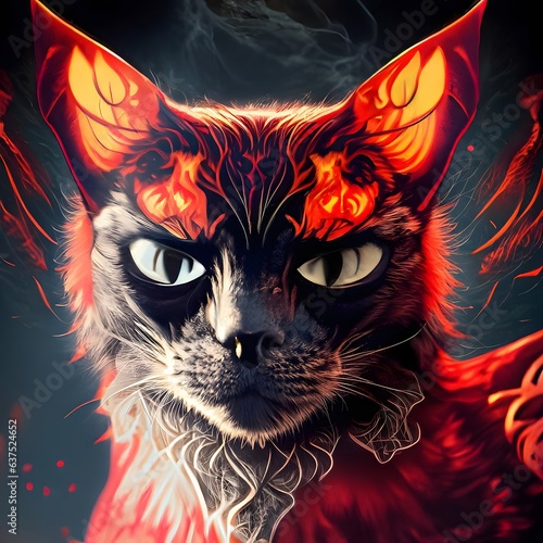 red cat in the night. close up of mystic cat, like a phoenix, red and black colors.
