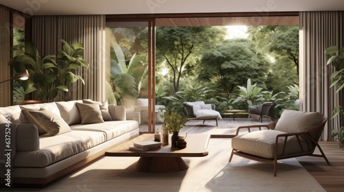 Render of a 3D living room with outdoor terrace and nature view  adorned with brown fabric sofa. Open folding doors and swaying curtains bring in a gentle breeze.